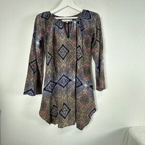 Rory Beca Womens Silk Long Sleeve Keyhole Mini Dress Small Geometric Multicolor